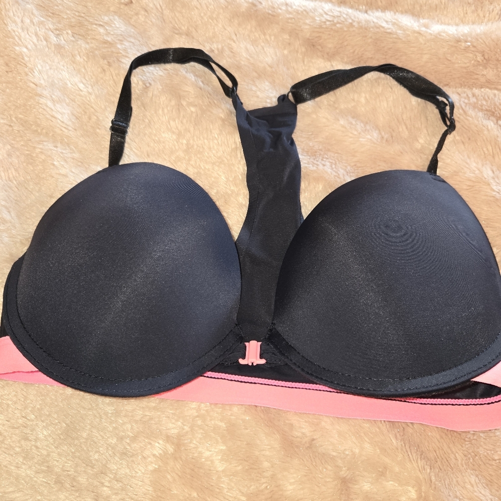 Bebe Black with Hot Pink Trim Racer Back 34C Pushup Bra
